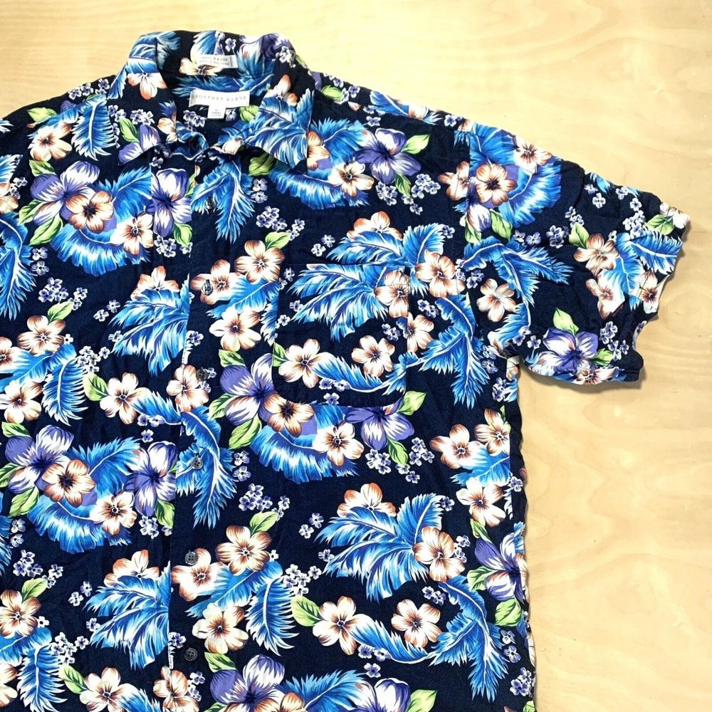 Geoffrey Beene Hawaiian Shirt Mens Large L Black & Blue Button Down Summer Shirt